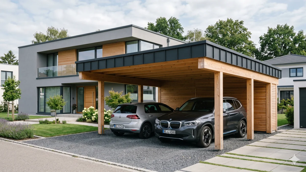 Carport en bois douglas avec toit en bac acier abritant deux voitures devant une maison moderne