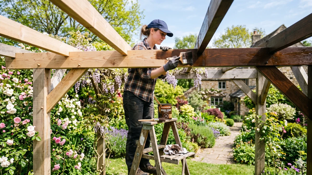 Application de lasure sur les poutres d'une pergola en bois avec un pinceau large