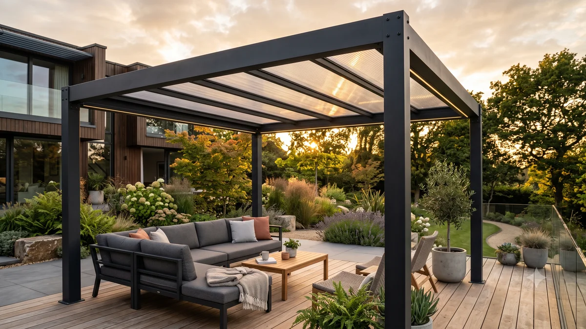 Pergola en acier noir thermolaqué avec toiture en polycarbonate dans un jardin contemporain