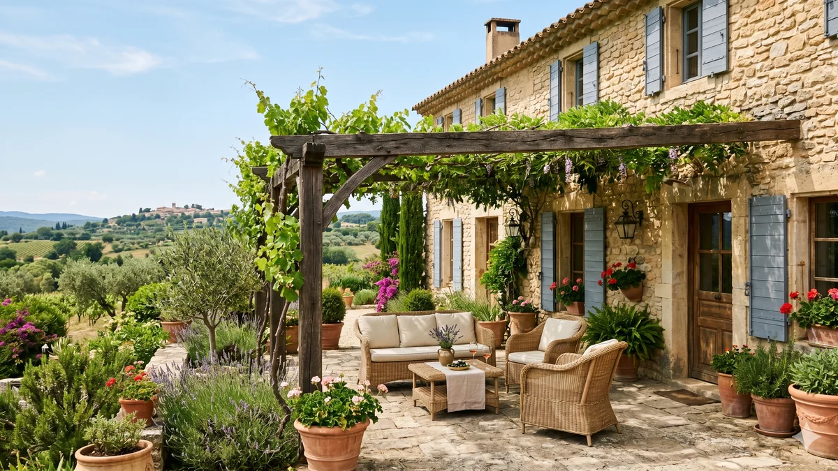 Pergola en bois adossée à une maison provençale avec toit en tuiles et salon de jardin en osier