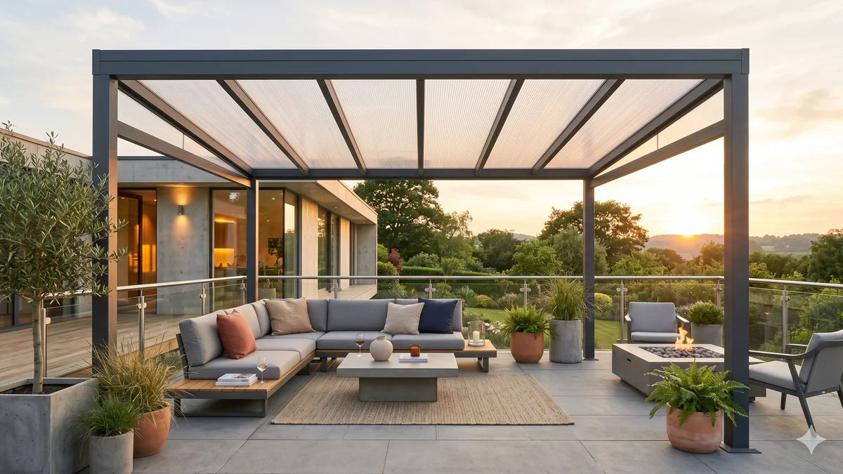 Pergola en aluminium gris anthracite moderne avec toiture en polycarbonate sur une terrasse