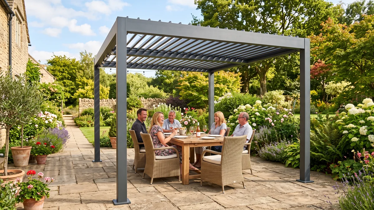 Pergola autoportante en aluminium sur quatre poteaux au milieu d'une terrasse, sans attache au mur