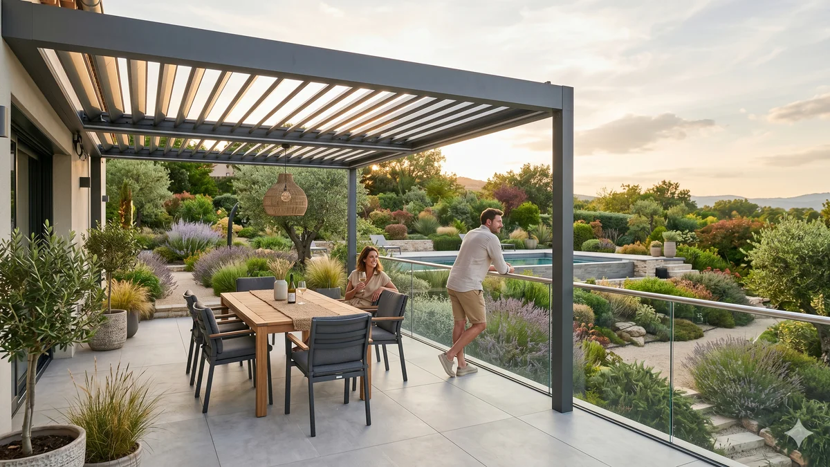 Pergola bioclimatique avec lames orientables aluminium, tendances 2026