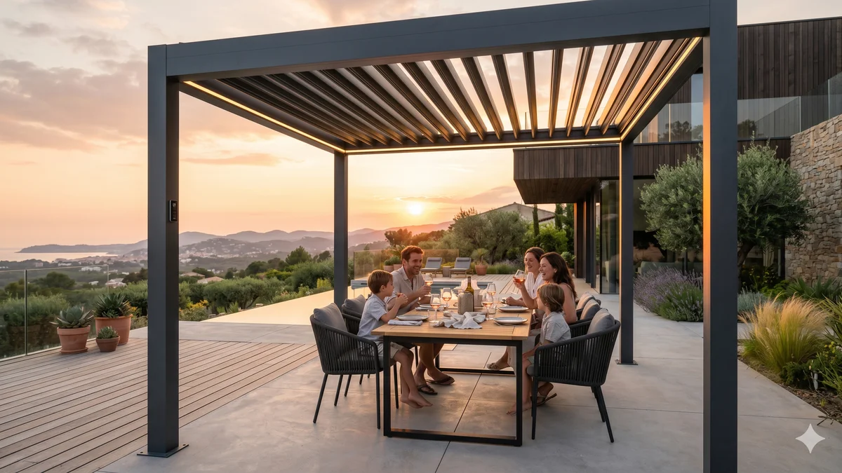 Pergola bioclimatique avec lames orientables en aluminium sur une terrasse moderne avec vue sur jardin