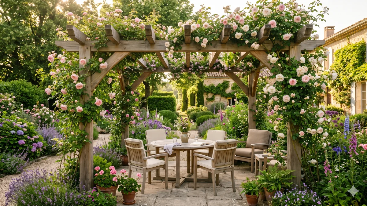 Pergola en bois douglas dans un jardin verdoyant avec plantes grimpantes