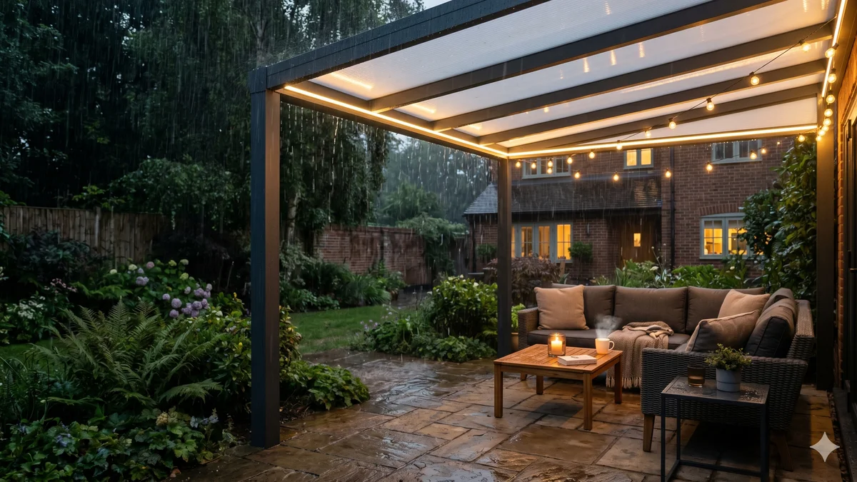 Pergola en aluminium avec toit en plaques de polycarbonate opaline sur une terrasse de maison individuelle