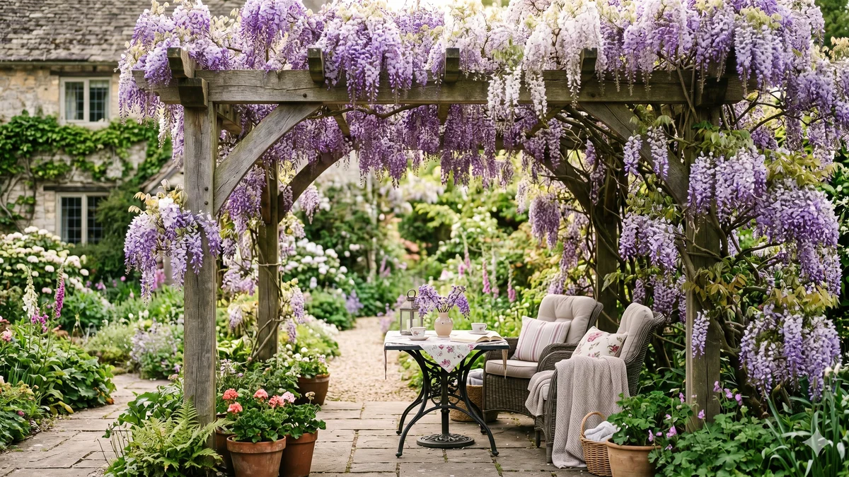 Pergola en bois recouverte de glycine en fleurs mauves avec un salon de jardin dessous
