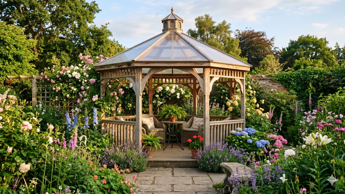 Tonnelle de jardin octogonale en bois avec toit en tuiles plates dans un jardin fleuri